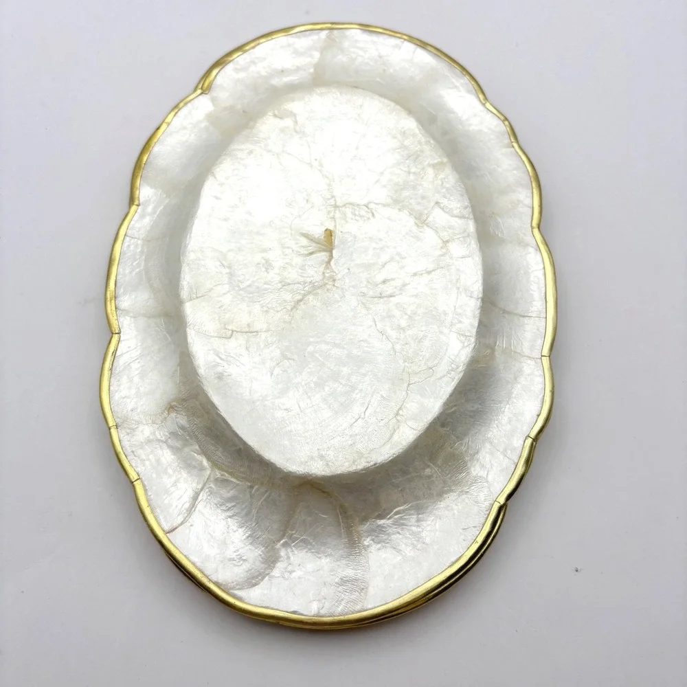 Vintage Mother of Pearl Capiz Shell Scalloped Gold Rim Oval Plates Set of 4
